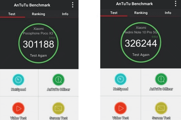 Сравнение производительности по AnTuTu Poco X3 и Redmi Note 10 Pro